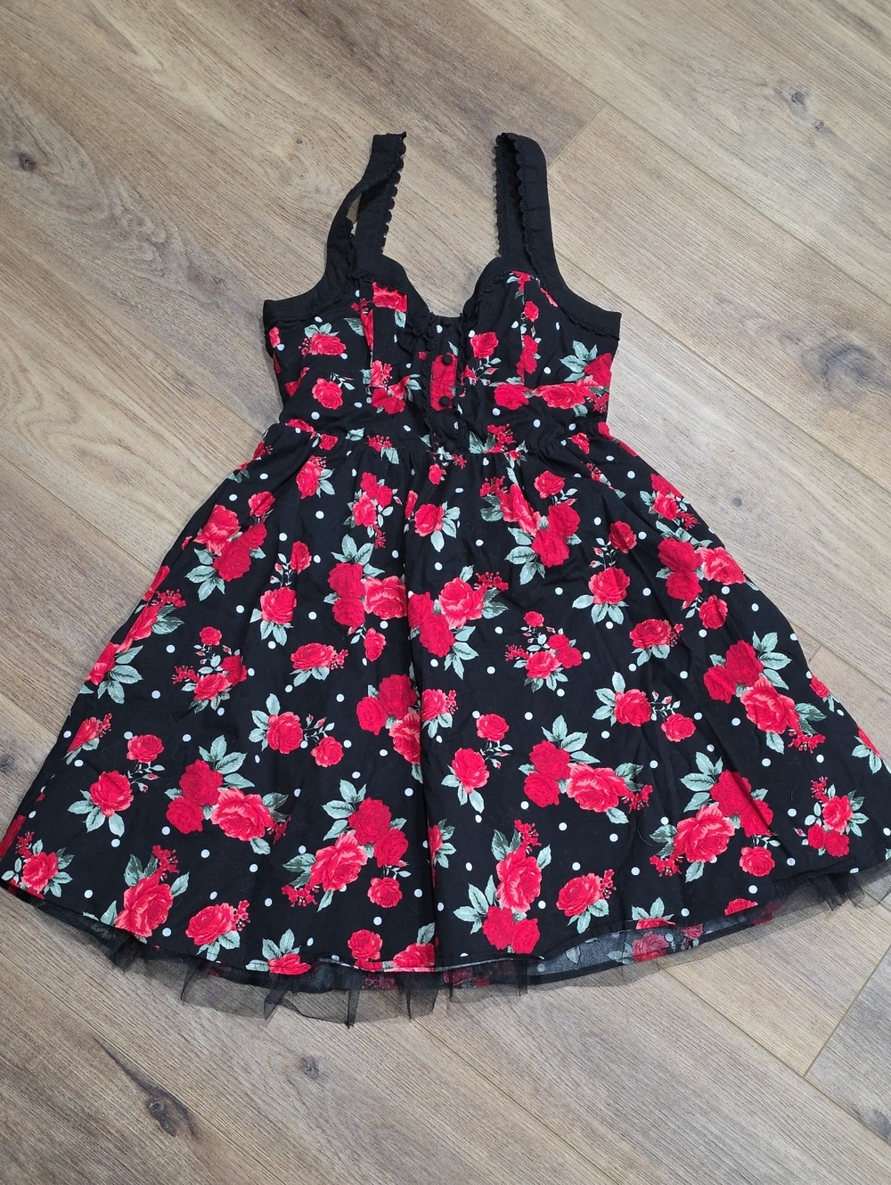 Hot Topic Swing Style Black With White Polka Dots And Red Roses Dress Size Large